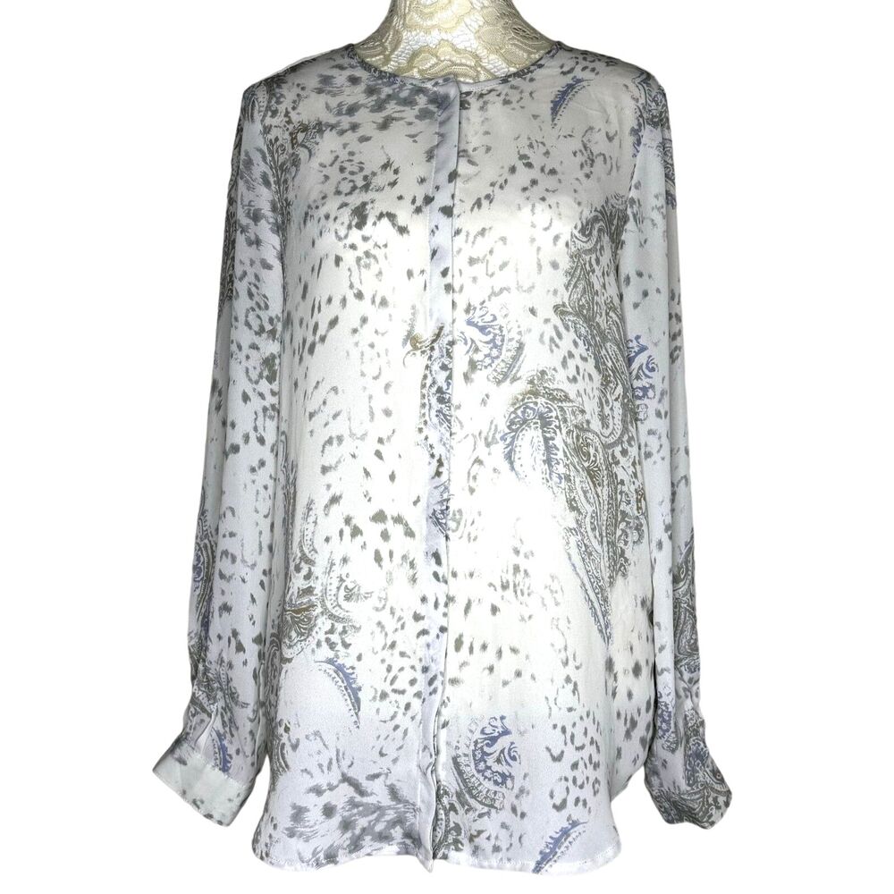 Belissimo Sheer Chiffon Blouse Top Paisley Cream Gray Blue S